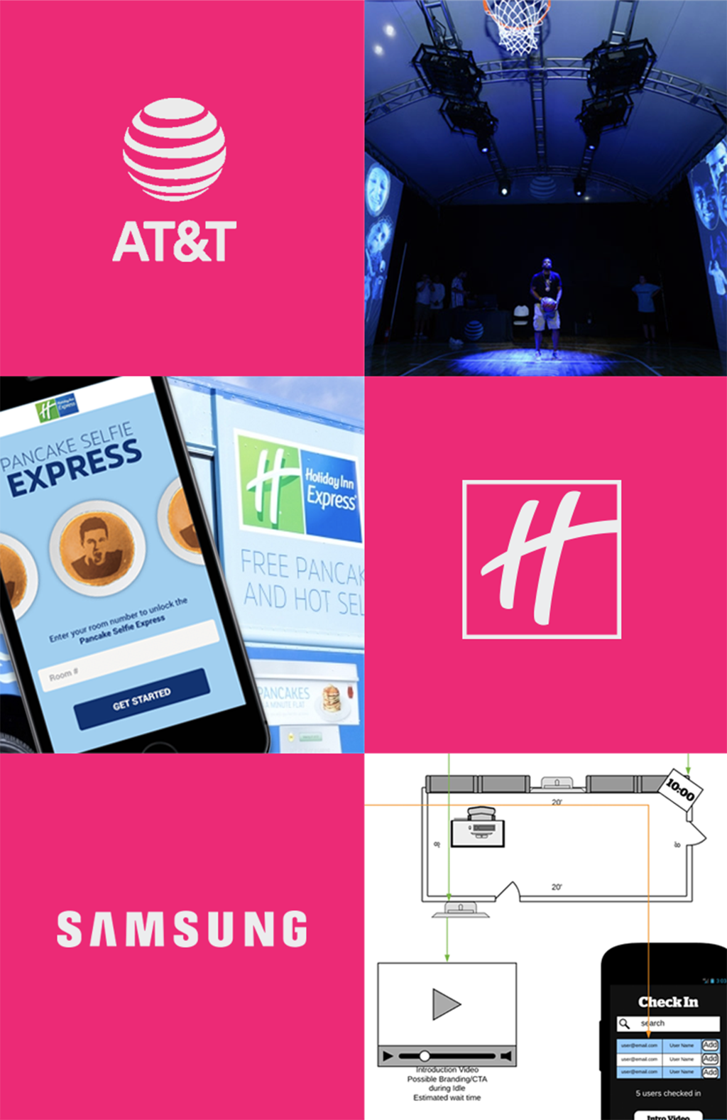 six images consisting of AT&T, Holiday Inn, and Samsung logos with an accompanying image