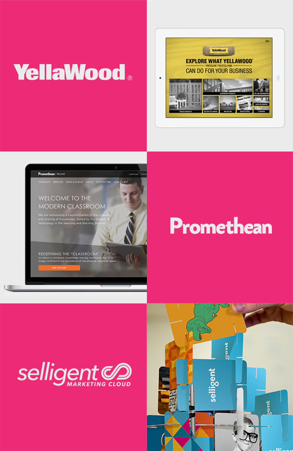 six images consisting of Yellawood, Promethean, and Selligent logos with an accompanying image