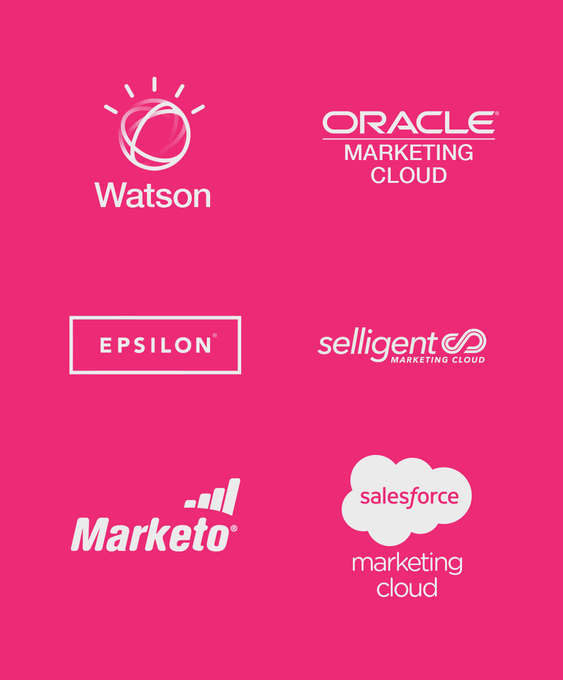 six images consisting of IBM, Eloqua, Epsilon, Selligent, Marketo, and Exact Target logos