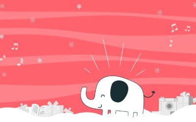 illustration of a white elephant, along with wrapped holiday gifts